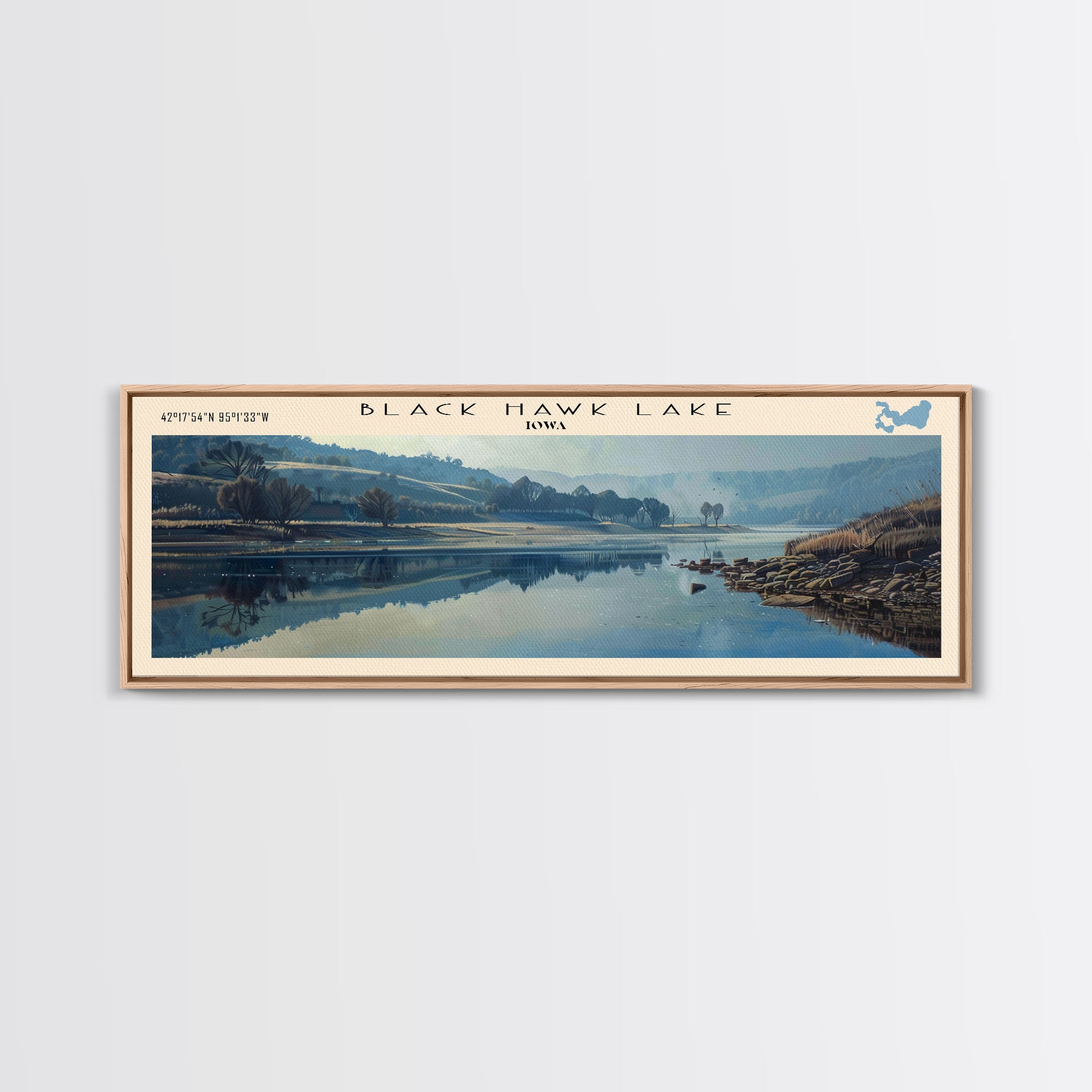 Black Hawk Lake Iowa Framed Canvas Print, Lake House Decor, Panoramic Scenic View, Travel Poster, Vintage Style, Lake Painting