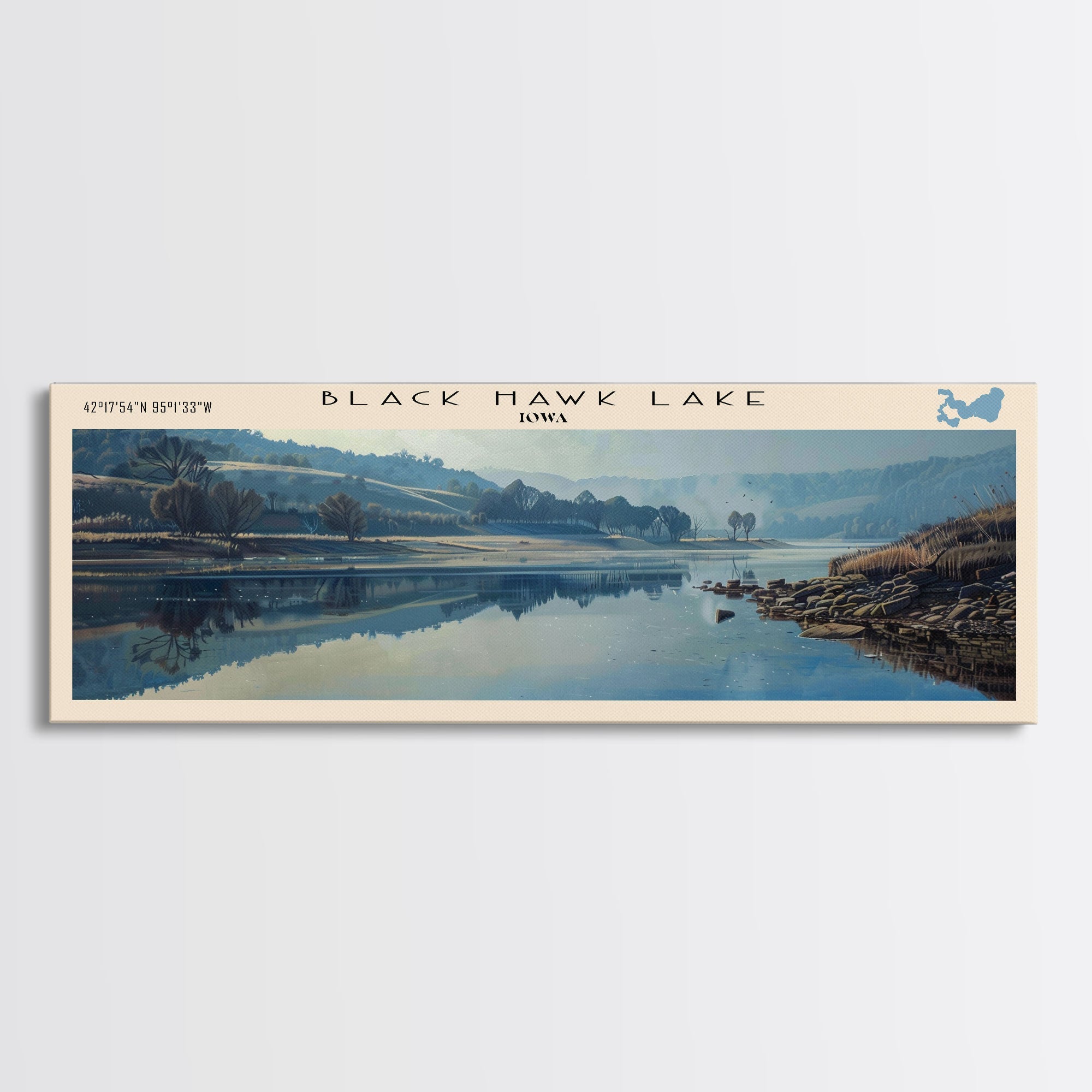 Black Hawk Lake Iowa Framed Canvas Print, Lake House Decor, Panoramic Scenic View, Travel Poster, Vintage Style, Lake Painting