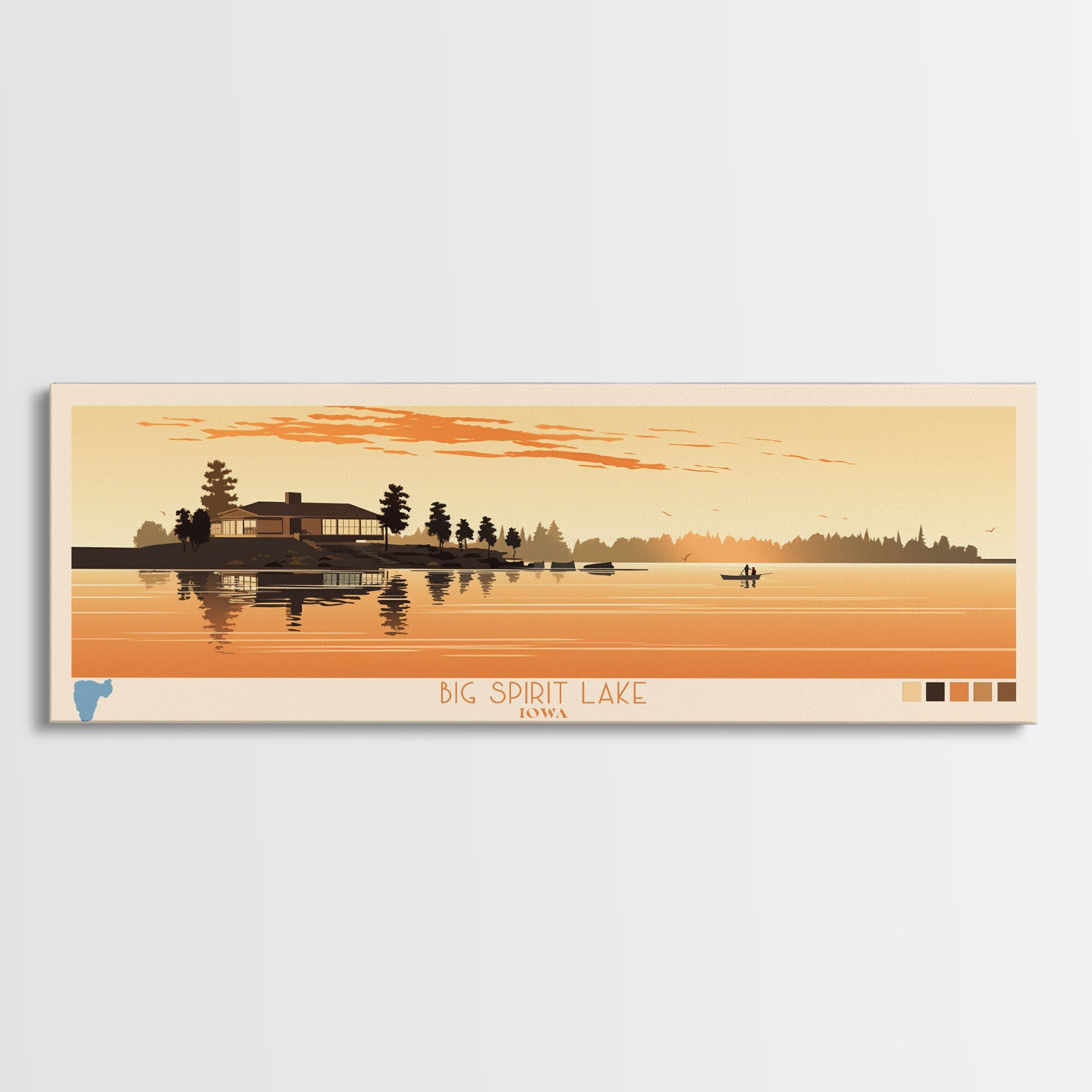 Big Spirit Lake Iowa Framed Canvas Print, Panoramic Wall Art, Midcentury Modern, Pop Art, Travel Poster, Scenic Lake House Art, Bedroom Decor