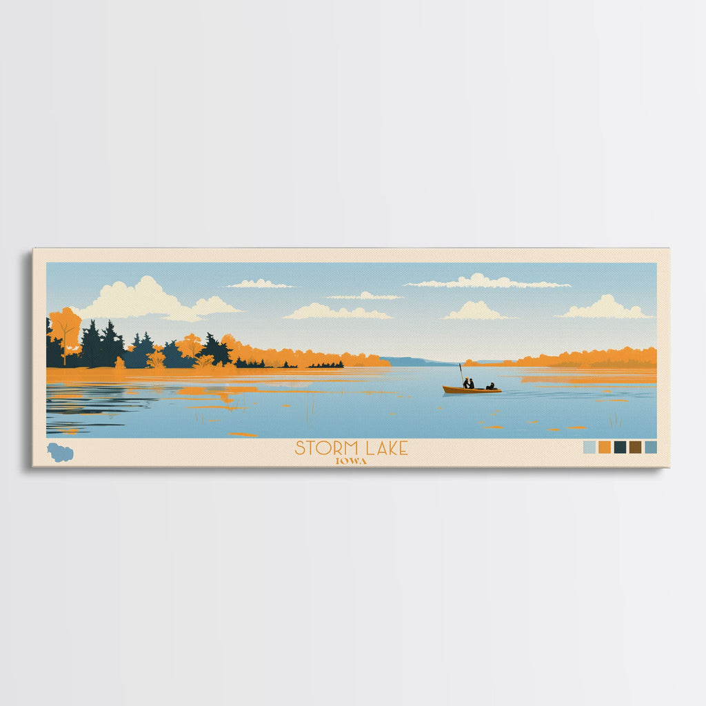 Storm Lake, Iowa Framed Canvas Print, Lake House Decor, Midcentury Modern Art, Pop Art, Travel Poster, Bedroom Wall Art