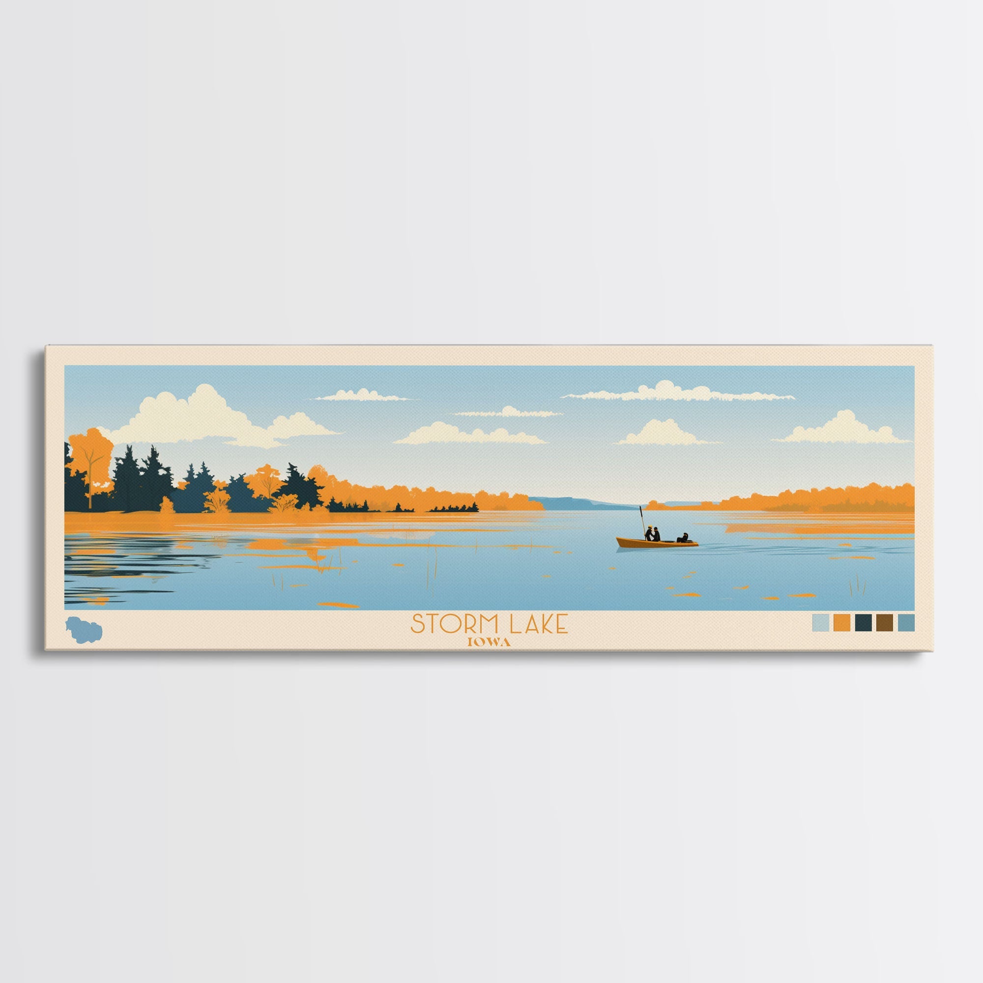 Storm Lake, Iowa Framed Canvas Print, Lake House Decor, Midcentury Modern Art, Pop Art, Travel Poster, Bedroom Wall Art