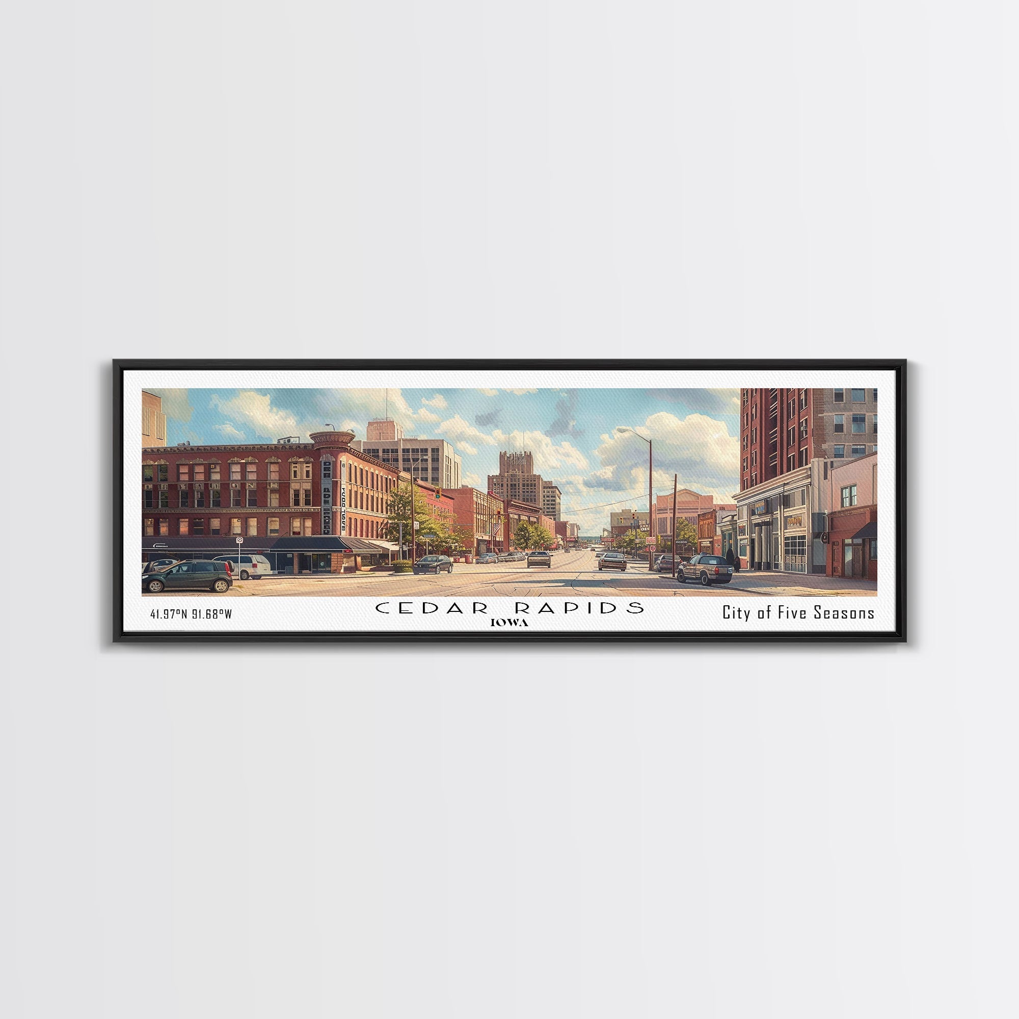 Cedar Rapids Iowa Panoramic Watercolor Painting Framed Canvas Print, Travel Poster Art, Home Decor, Iowa Cityscape, Living Room Decoration, Office Wall Art, Gift for Iowans