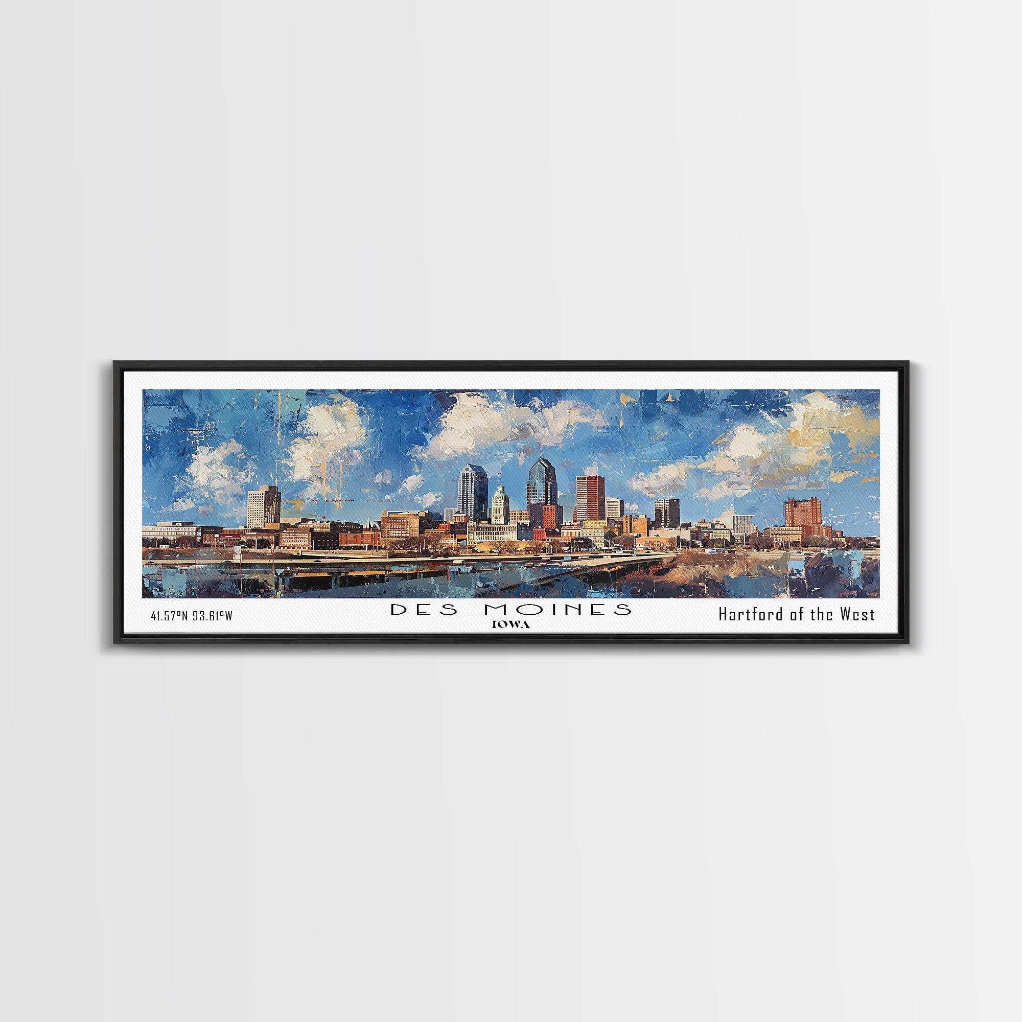 Des Moines Iowa Panoramic Watercolor Painting, Scenic Framed Canvas Print, Urban Wall Art for Office, Travel Poster, Home Decor, City Gift Idea