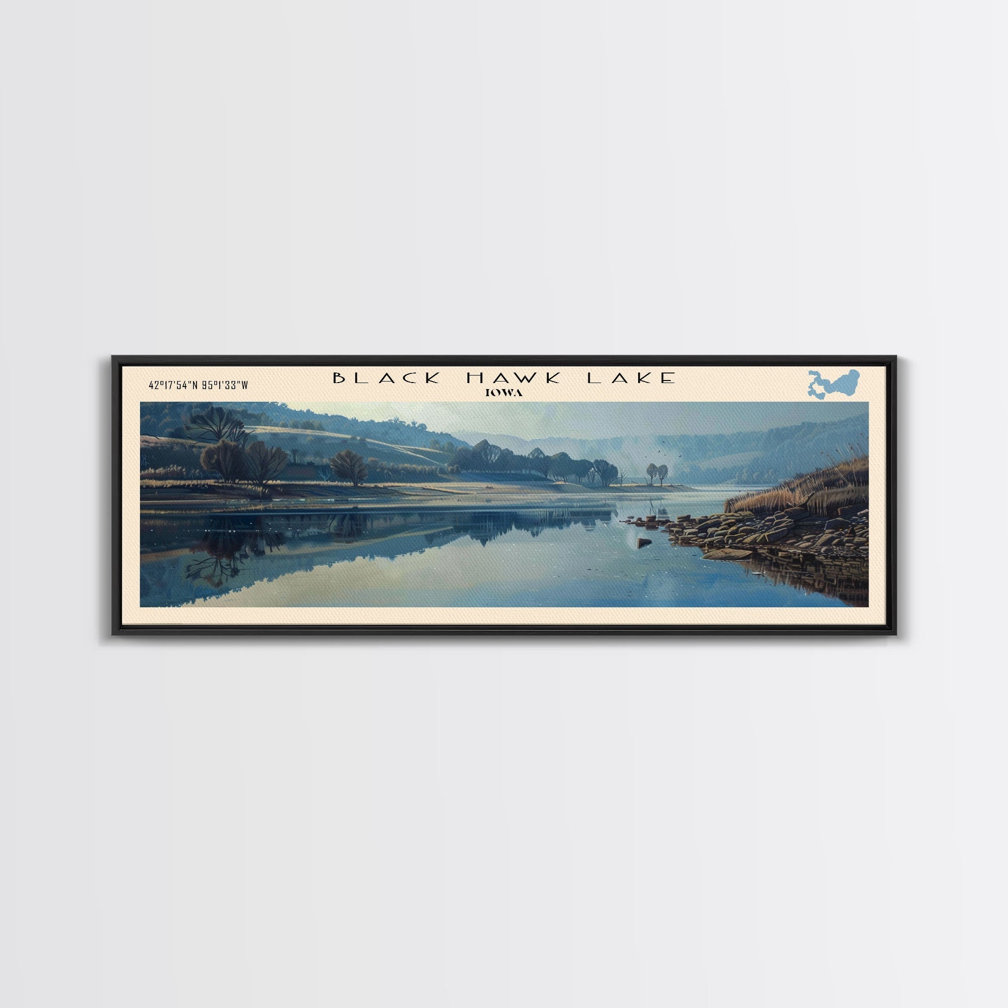 Black Hawk Lake Iowa Framed Canvas Print, Lake House Decor, Panoramic Scenic View, Travel Poster, Vintage Style, Lake Painting