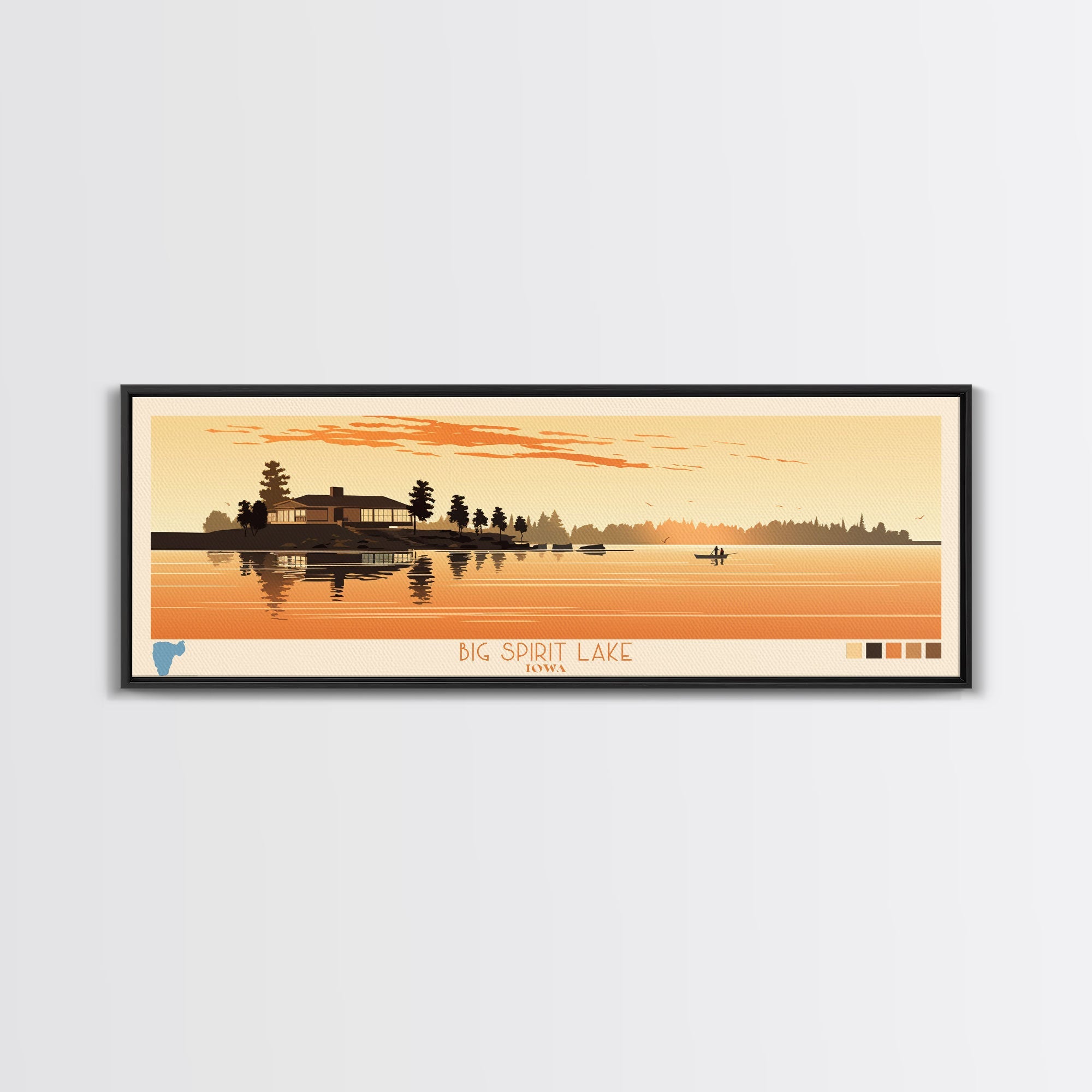 Big Spirit Lake Iowa Framed Canvas Print, Panoramic Wall Art, Midcentury Modern, Pop Art, Travel Poster, Scenic Lake House Art, Bedroom Decor