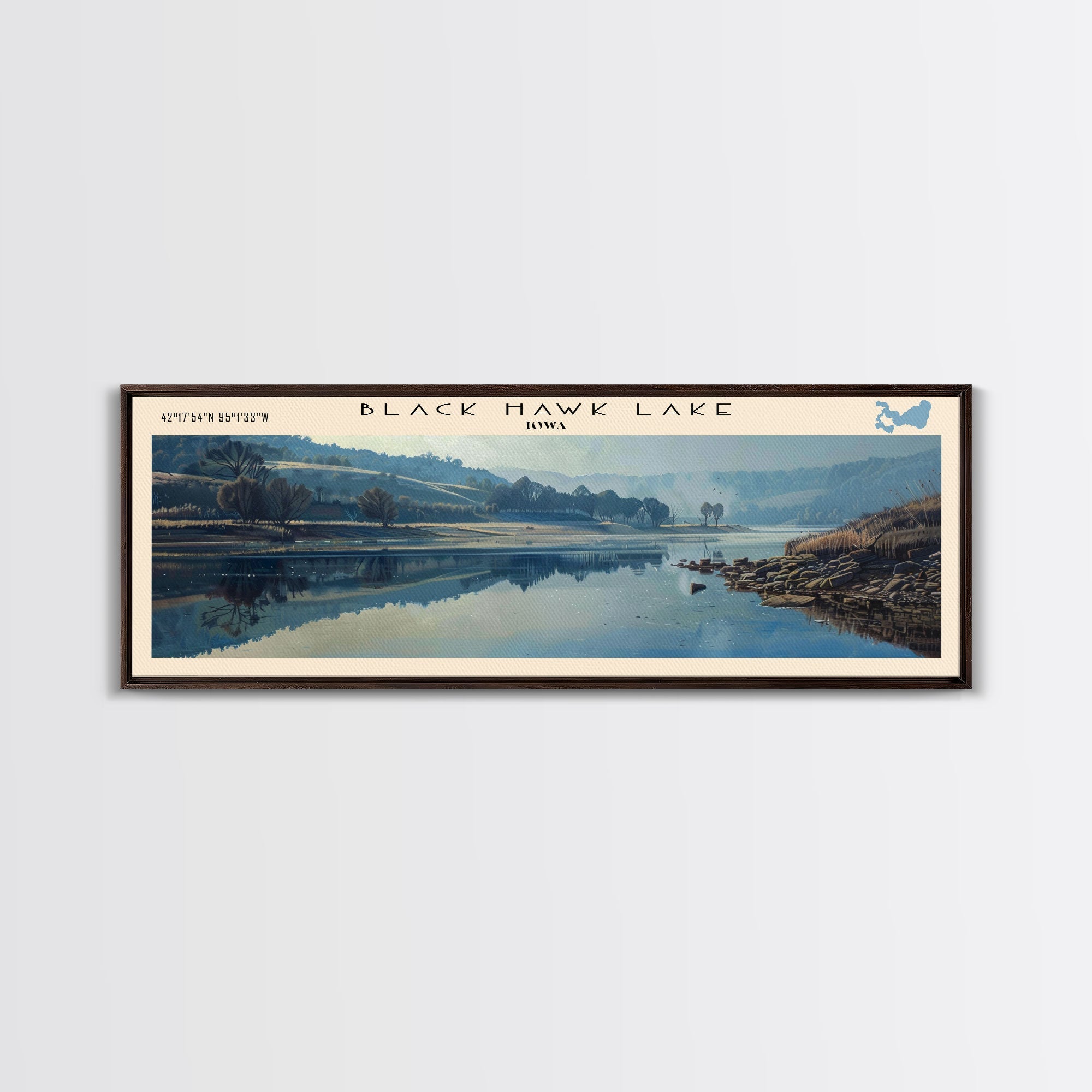 Black Hawk Lake Iowa Framed Canvas Print, Lake House Decor, Panoramic Scenic View, Travel Poster, Vintage Style, Lake Painting