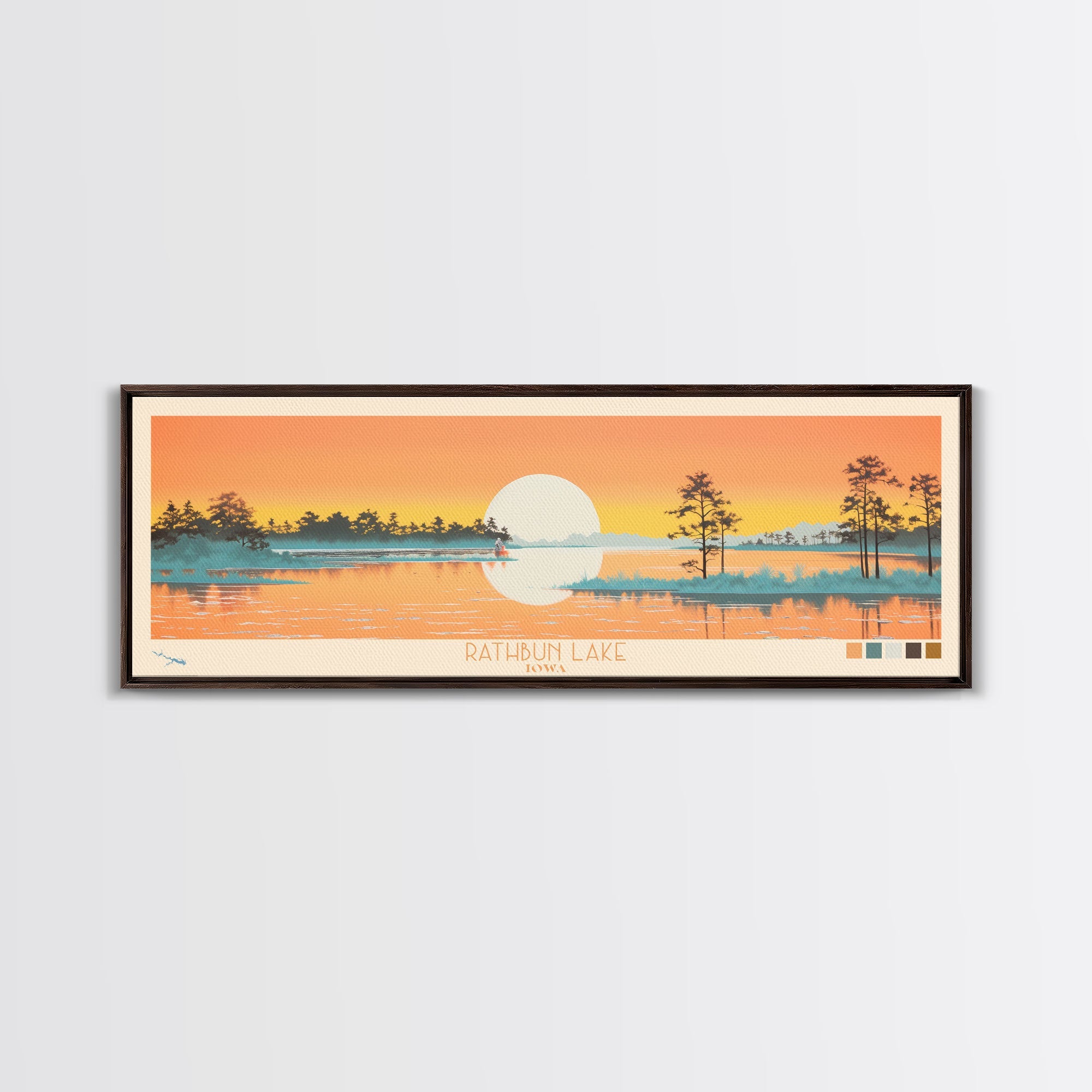 Rathbun Lake, Iowa Framed Canvas Print, Home Decor, Midcentury Modern, Panoramic Wall Art, Travel Poster, Pop Art