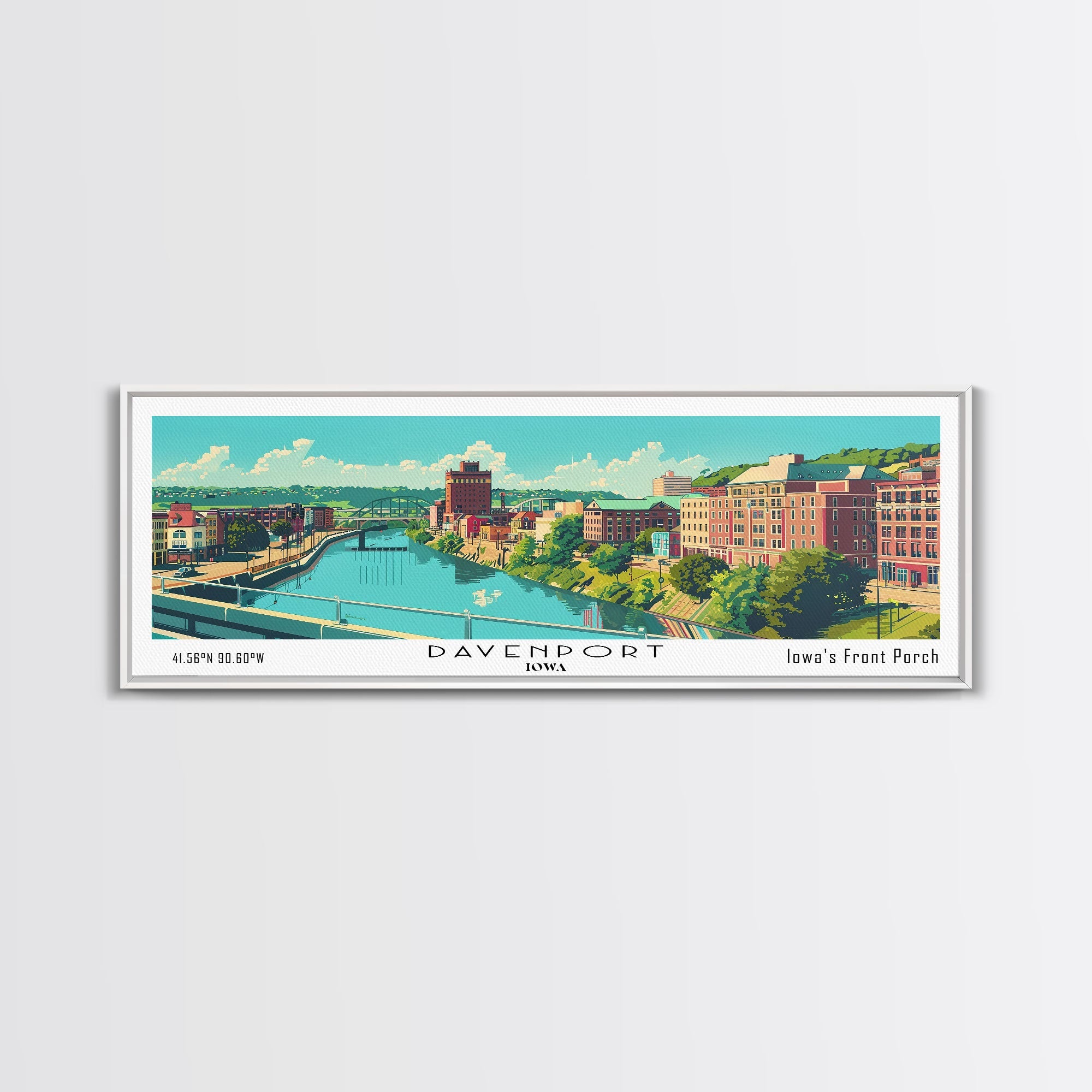 Davenport Iowa Panoramic Wall Art, Mid Century Modern Framed Canvas Print, Retro Pop Art Travel Poster, City Art Gift, Home Decor