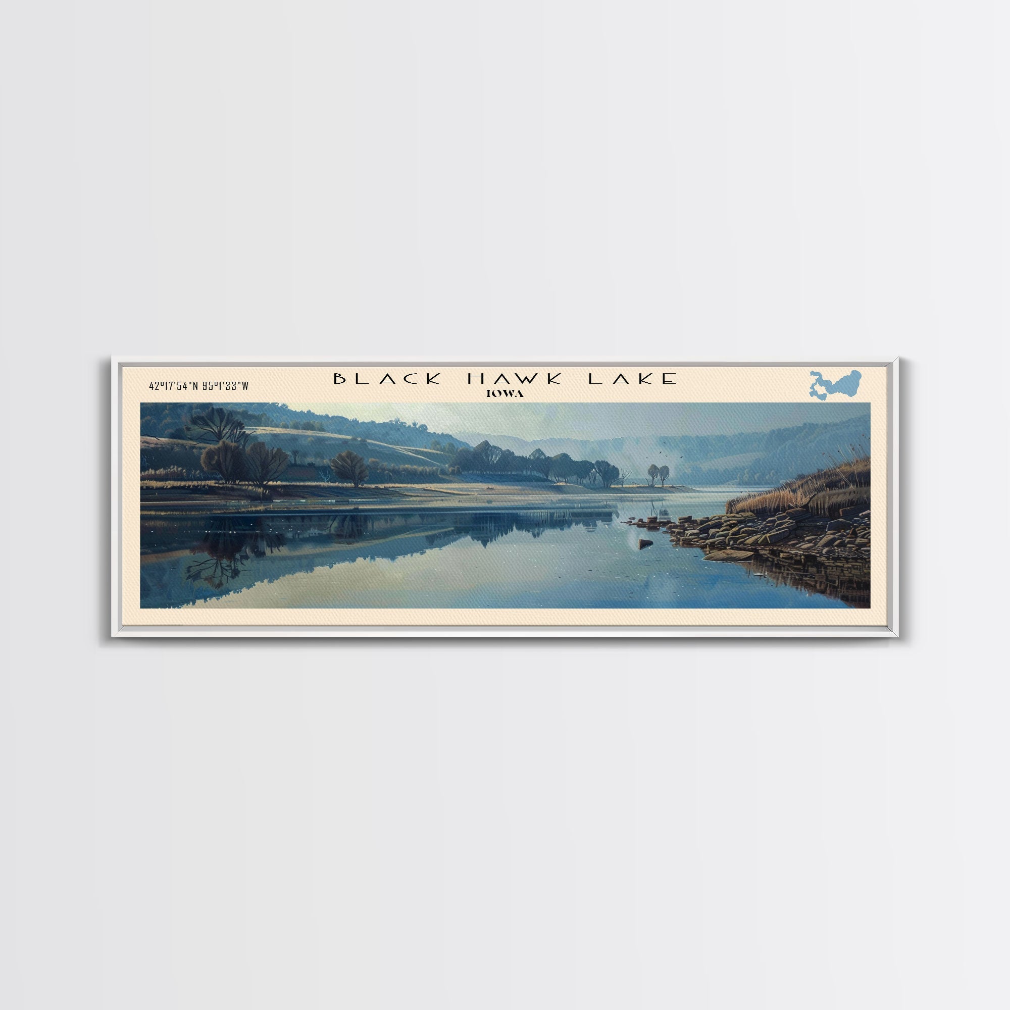 Black Hawk Lake Iowa Framed Canvas Print, Lake House Decor, Panoramic Scenic View, Travel Poster, Vintage Style, Lake Painting
