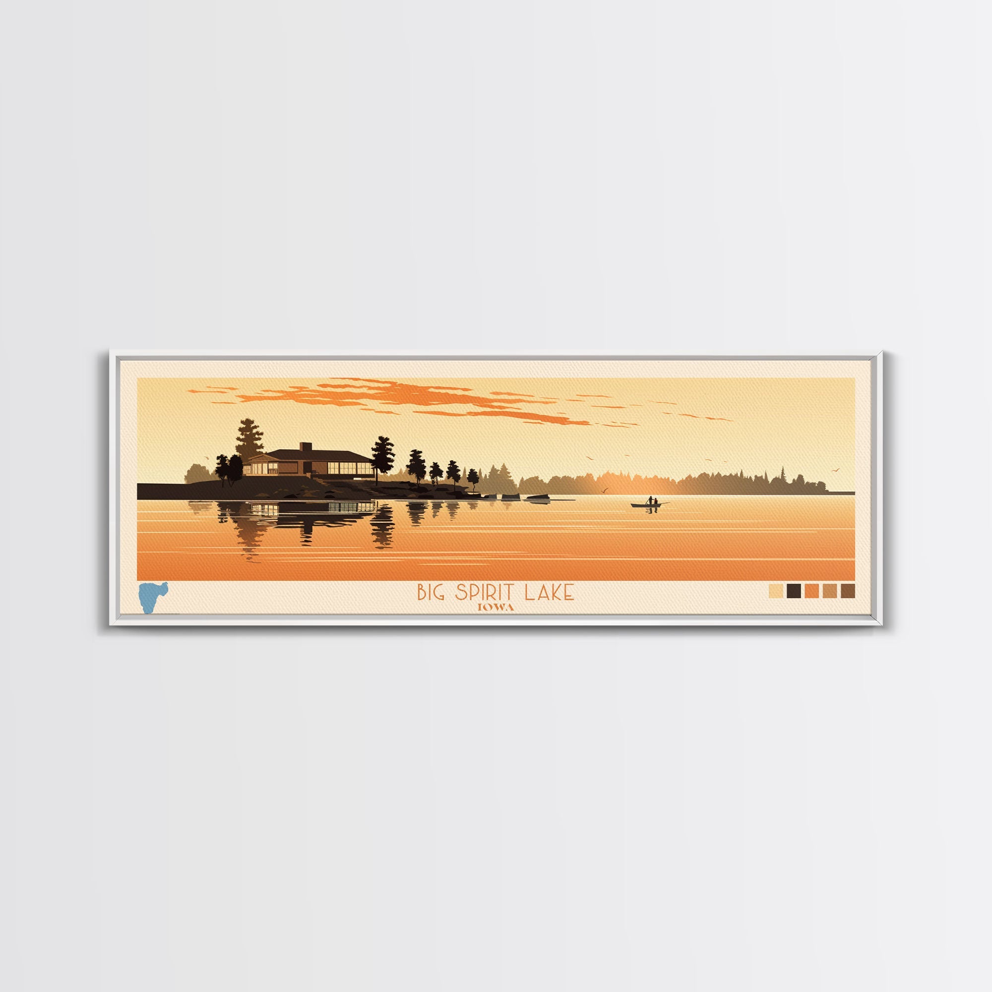 Big Spirit Lake Iowa Framed Canvas Print, Panoramic Wall Art, Midcentury Modern, Pop Art, Travel Poster, Scenic Lake House Art, Bedroom Decor