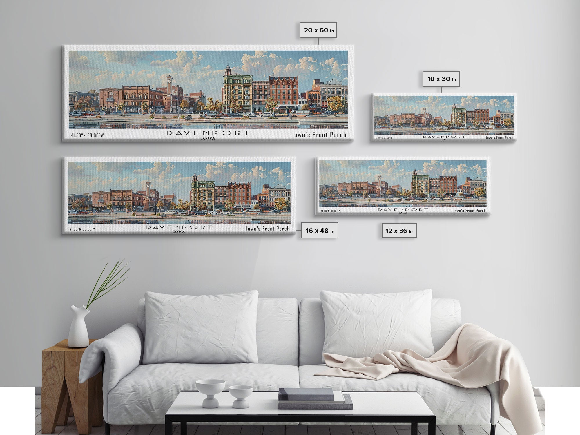 Davenport Iowa Panoramic Watercolor Painting, Scenic Framed Canvas Print, Urban Wall Art for Office, Travel Poster, Home Decor, City Gift Idea