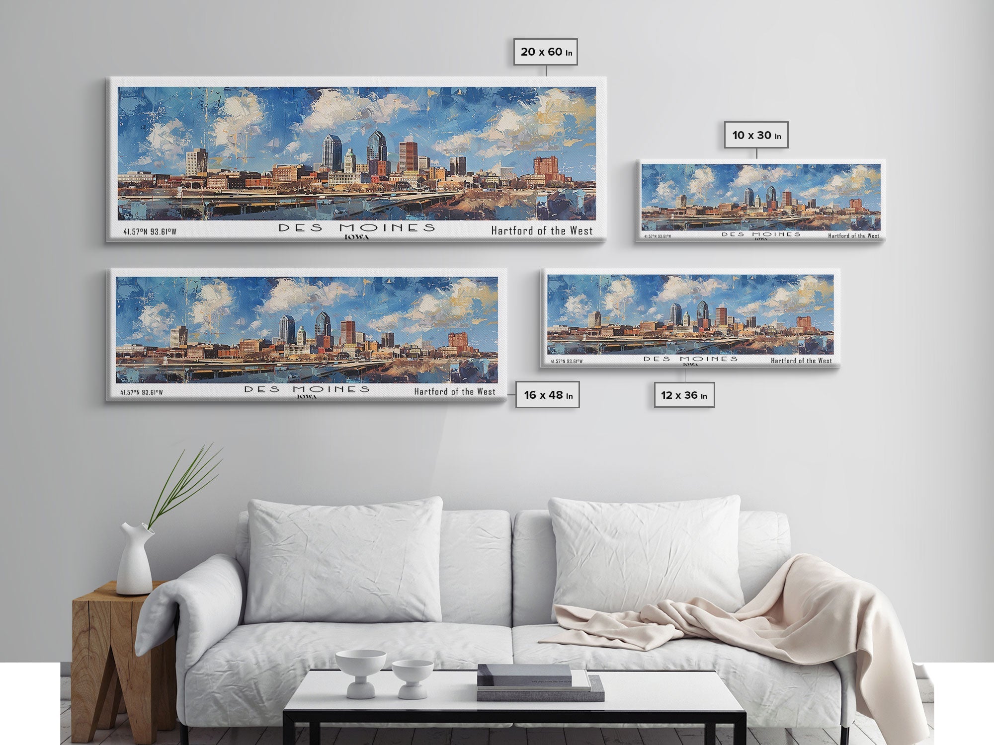 Des Moines Iowa Panoramic Watercolor Painting, Scenic Framed Canvas Print, Urban Wall Art for Office, Travel Poster, Home Decor, City Gift Idea