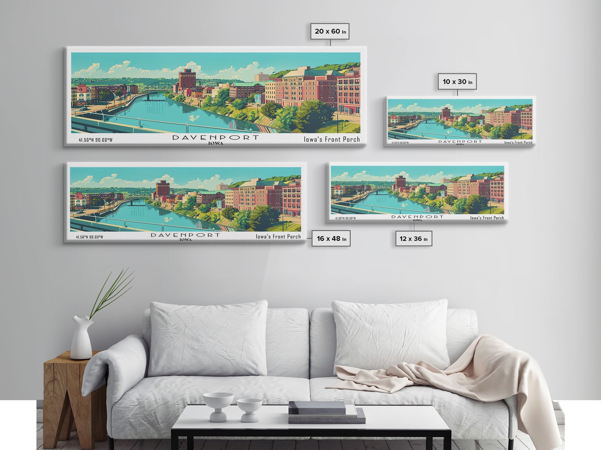 Davenport Iowa Panoramic Wall Art, Mid Century Modern Framed Canvas Print, Retro Pop Art Travel Poster, City Art Gift, Home Decor