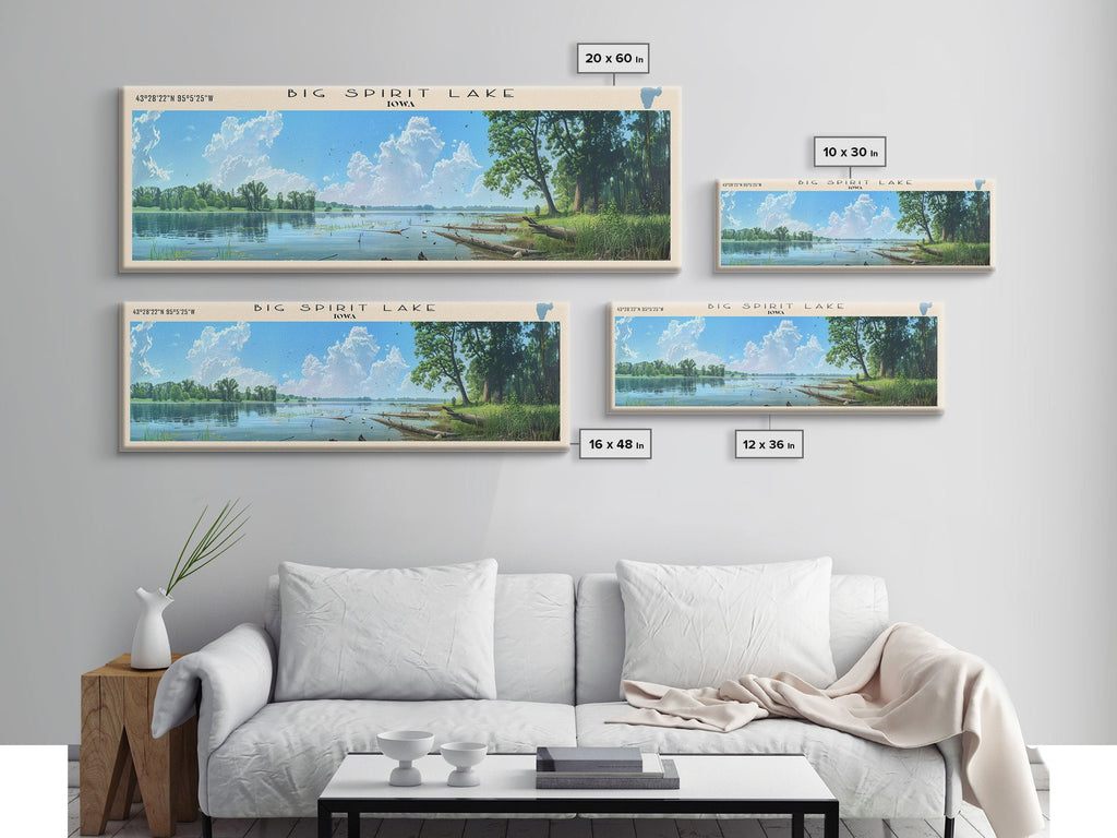 Big Spirit Lake Iowa Framed Canvas Print, Panoramic Lake House Decor, Scenic View, Travel Poster, Rustic Art, Lake Painting