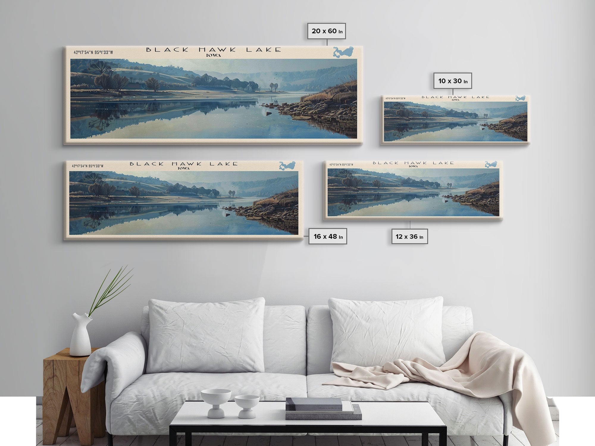 Black Hawk Lake Iowa Framed Canvas Print, Lake House Decor, Panoramic Scenic View, Travel Poster, Vintage Style, Lake Painting