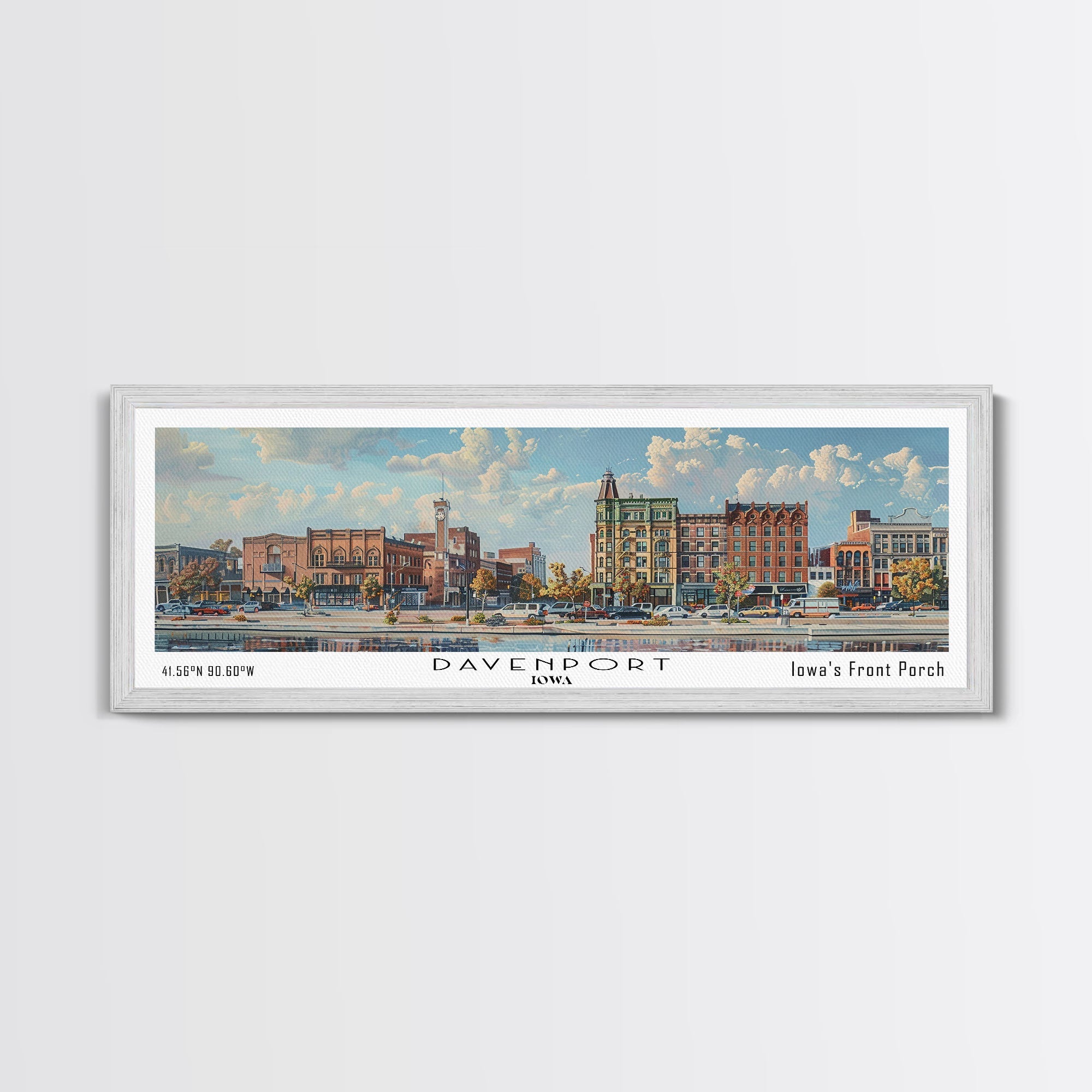 Davenport Iowa Panoramic Watercolor Painting, Scenic Framed Canvas Print, Urban Wall Art for Office, Travel Poster, Home Decor, City Gift Idea