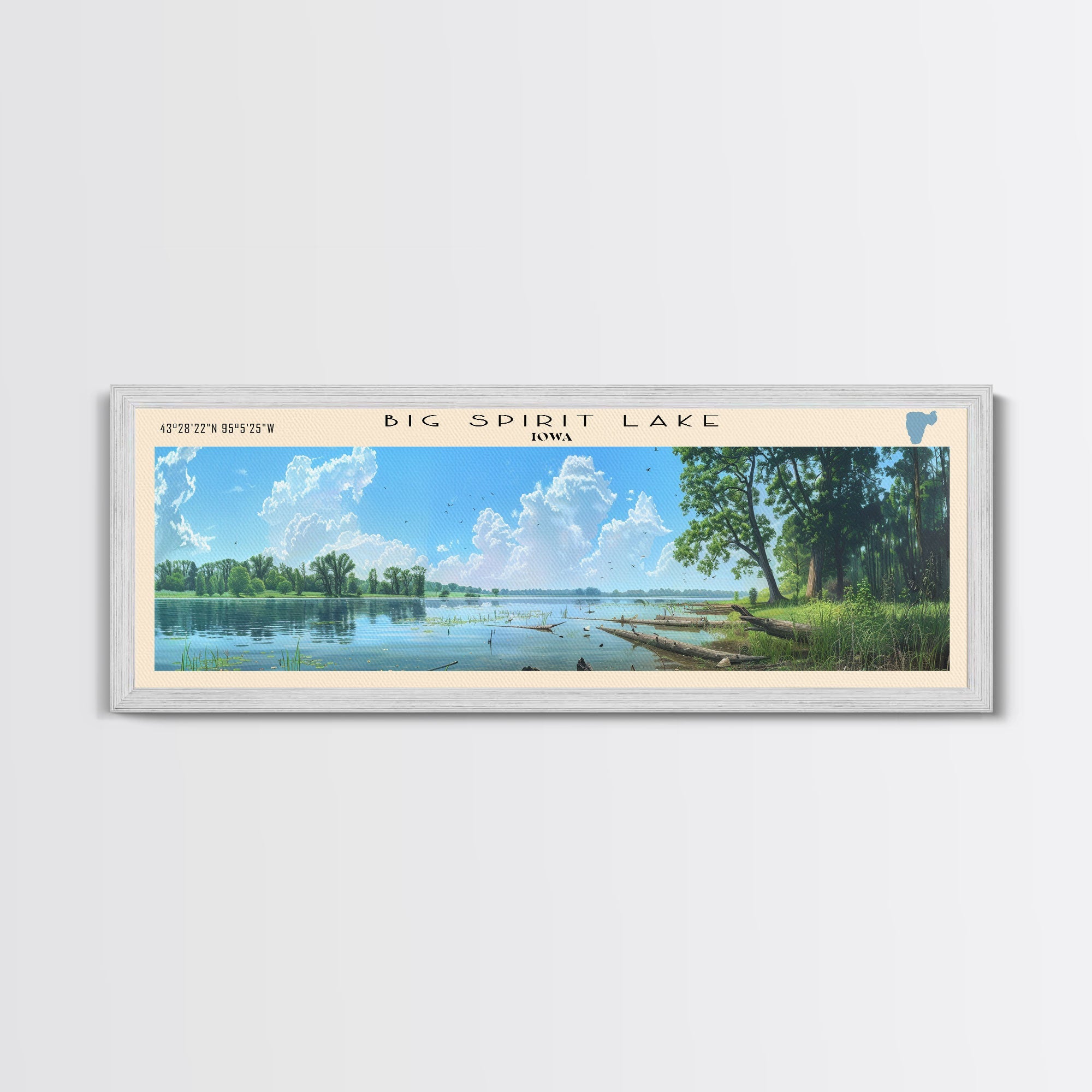 Big Spirit Lake Iowa Framed Canvas Print, Panoramic Lake House Decor, Scenic View, Travel Poster, Rustic Art, Lake Painting