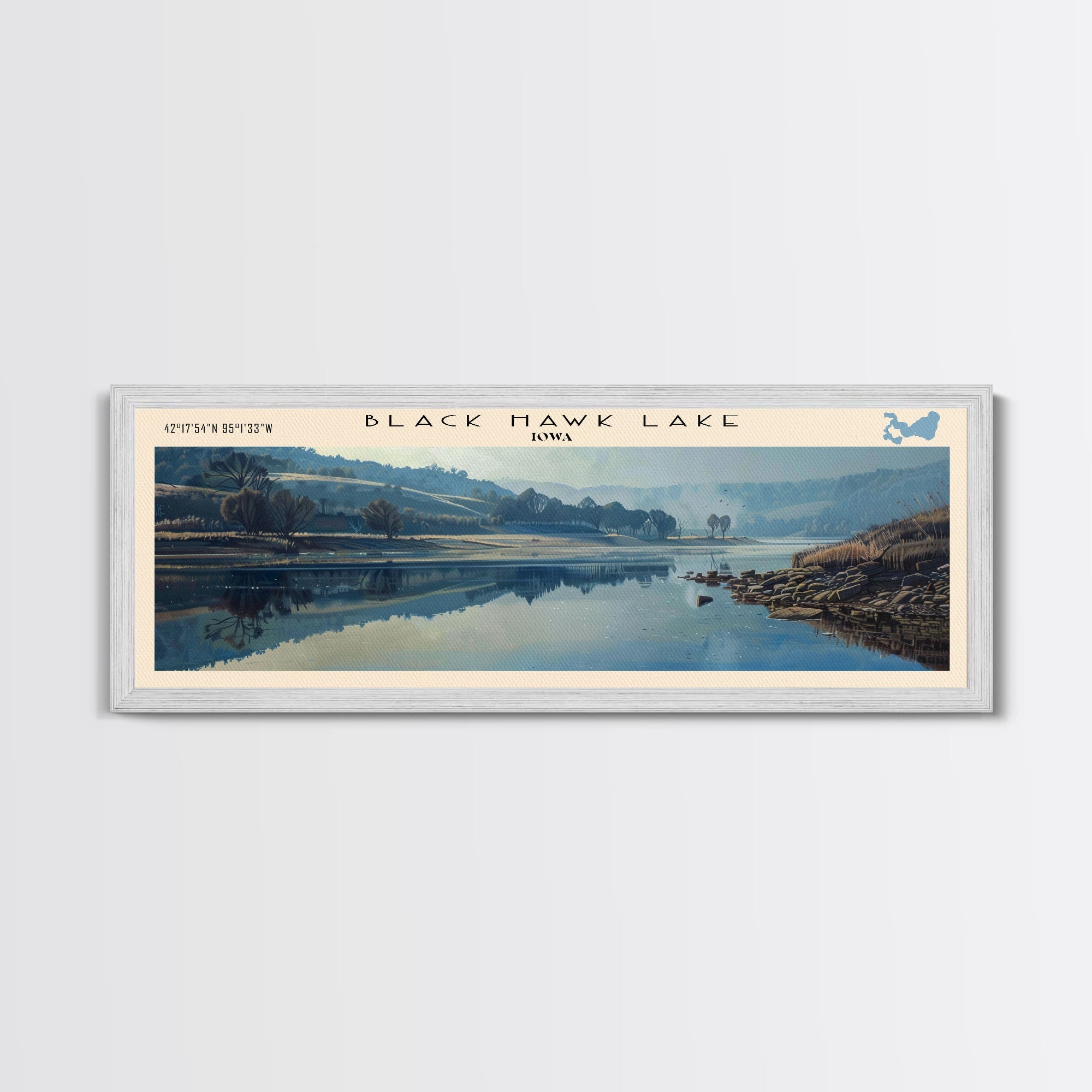 Black Hawk Lake Iowa Framed Canvas Print, Lake House Decor, Panoramic Scenic View, Travel Poster, Vintage Style, Lake Painting
