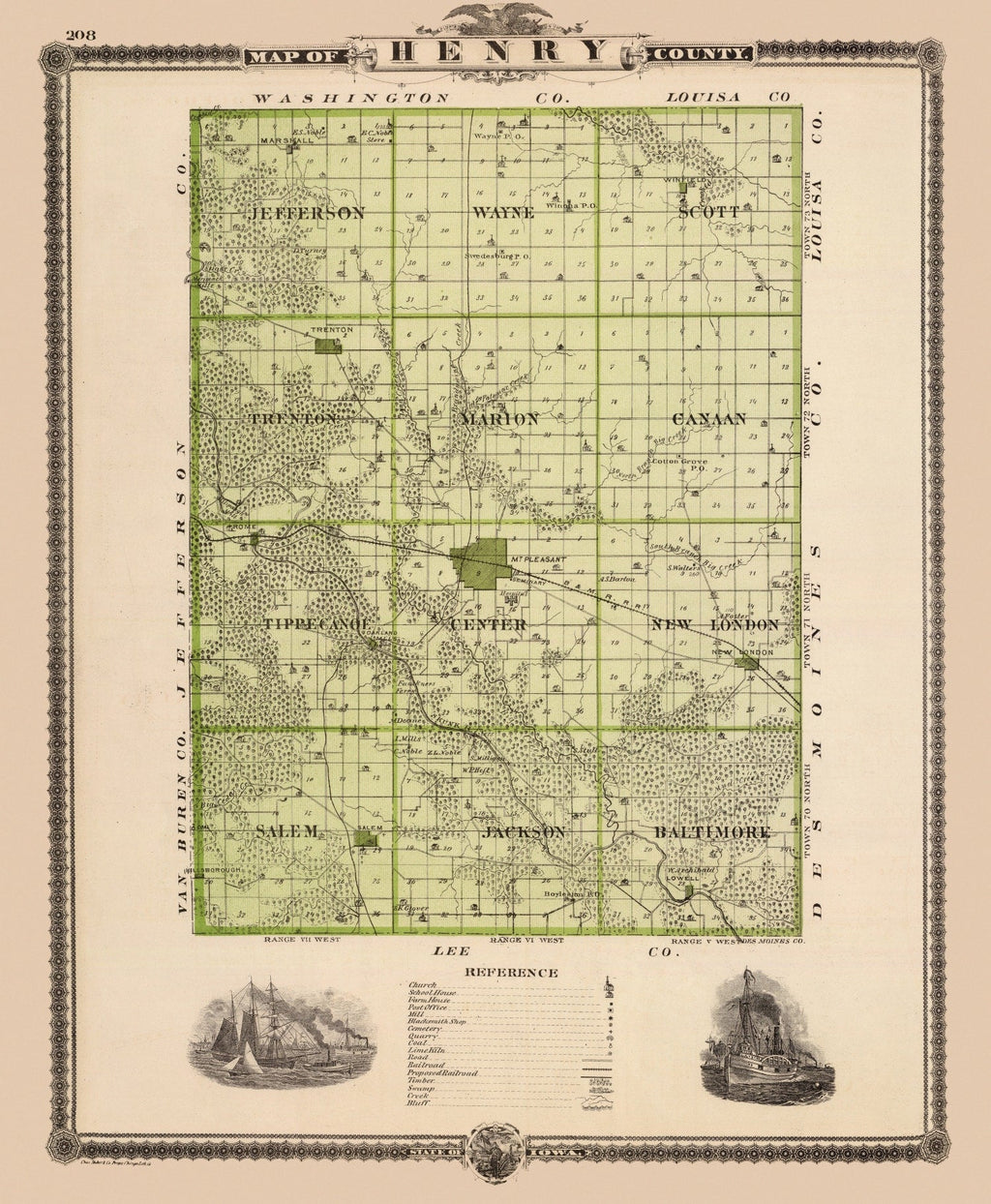 Vintage Map of Henry County, Iowa 1875