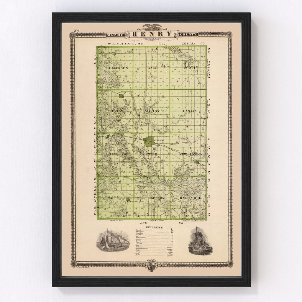 Vintage Map of Henry County, Iowa 1875