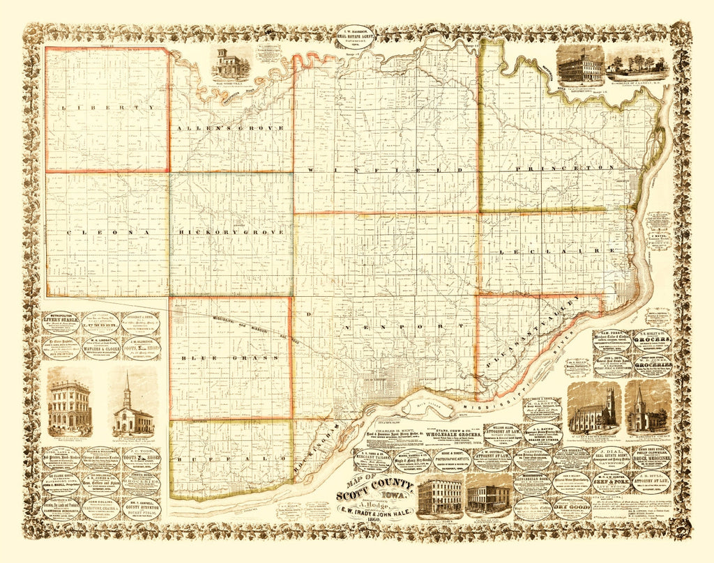 Vintage Map of Scott County, Iowa 1860