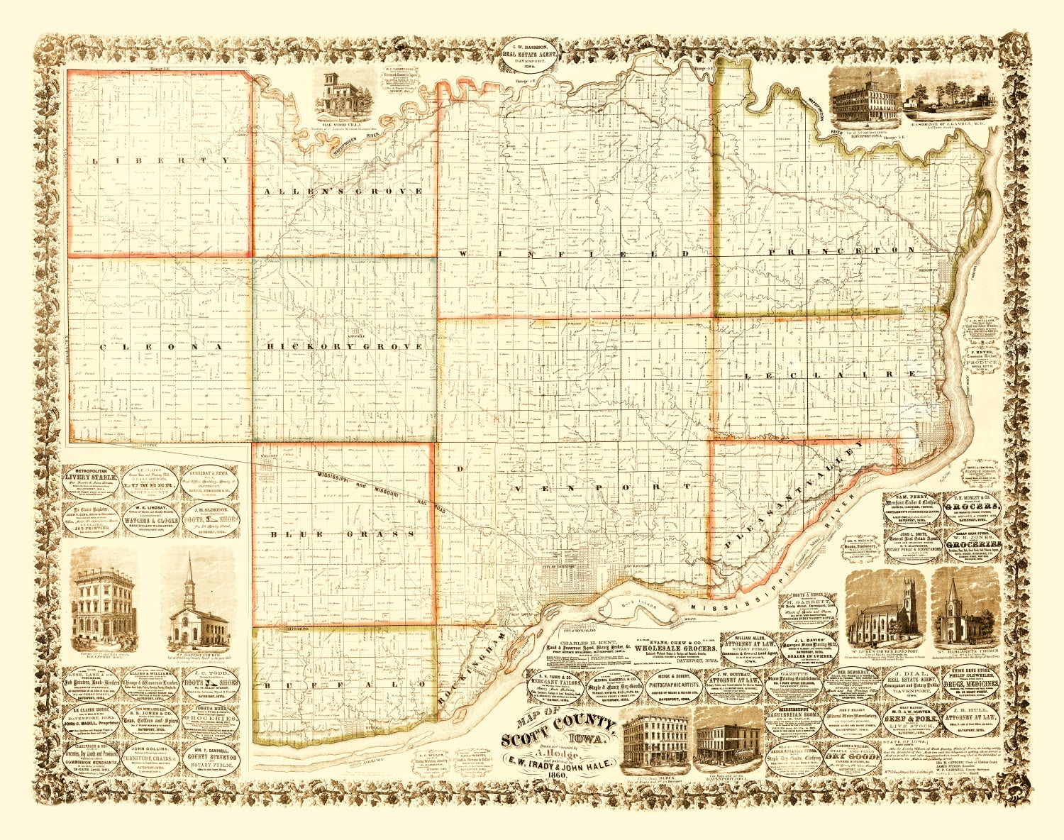 Vintage Map of Scott County, Iowa 1860