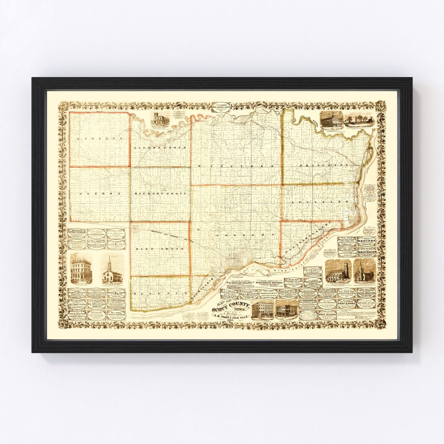 Vintage Map of Scott County, Iowa 1860