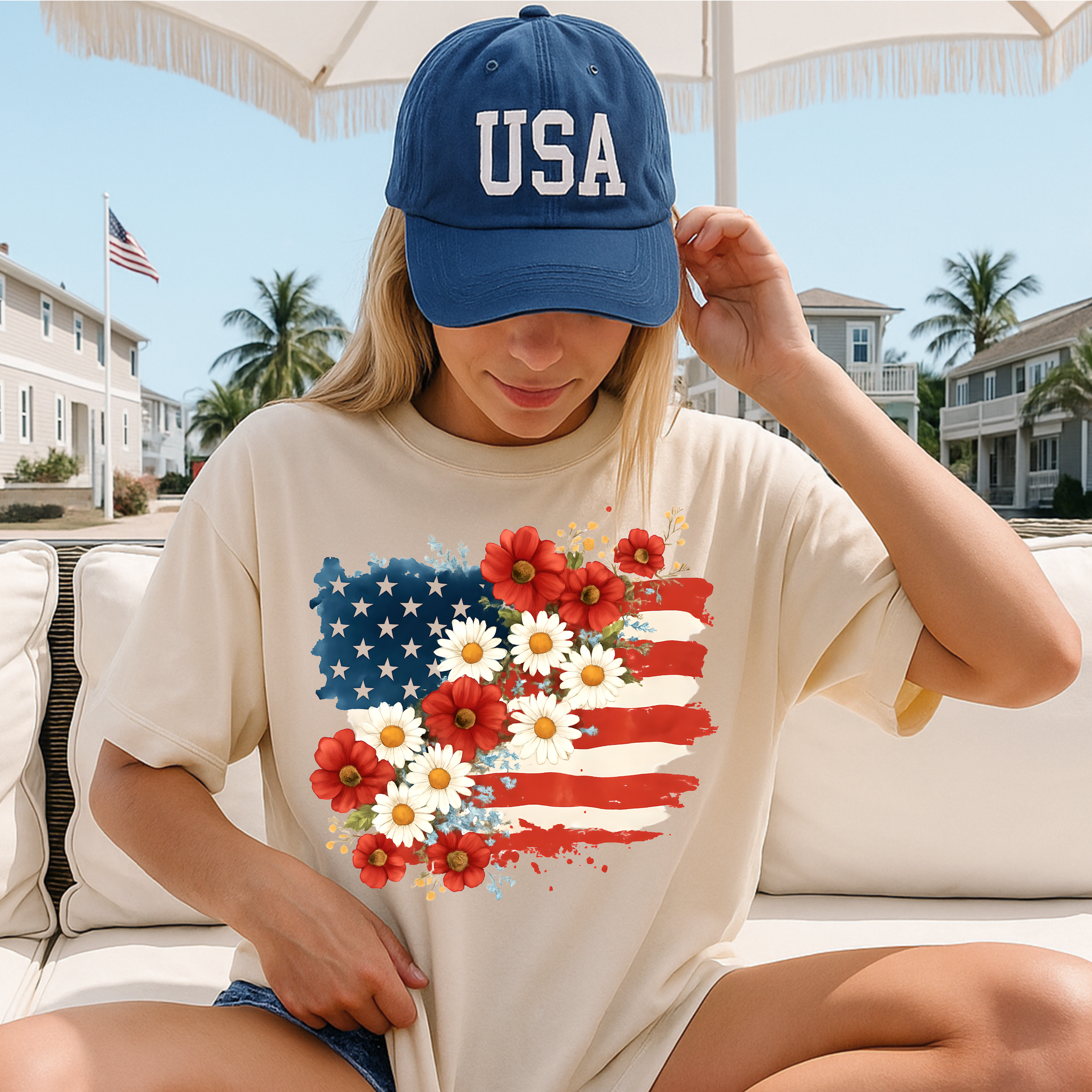 4th of July Flag Flowers Comfy T-shirt