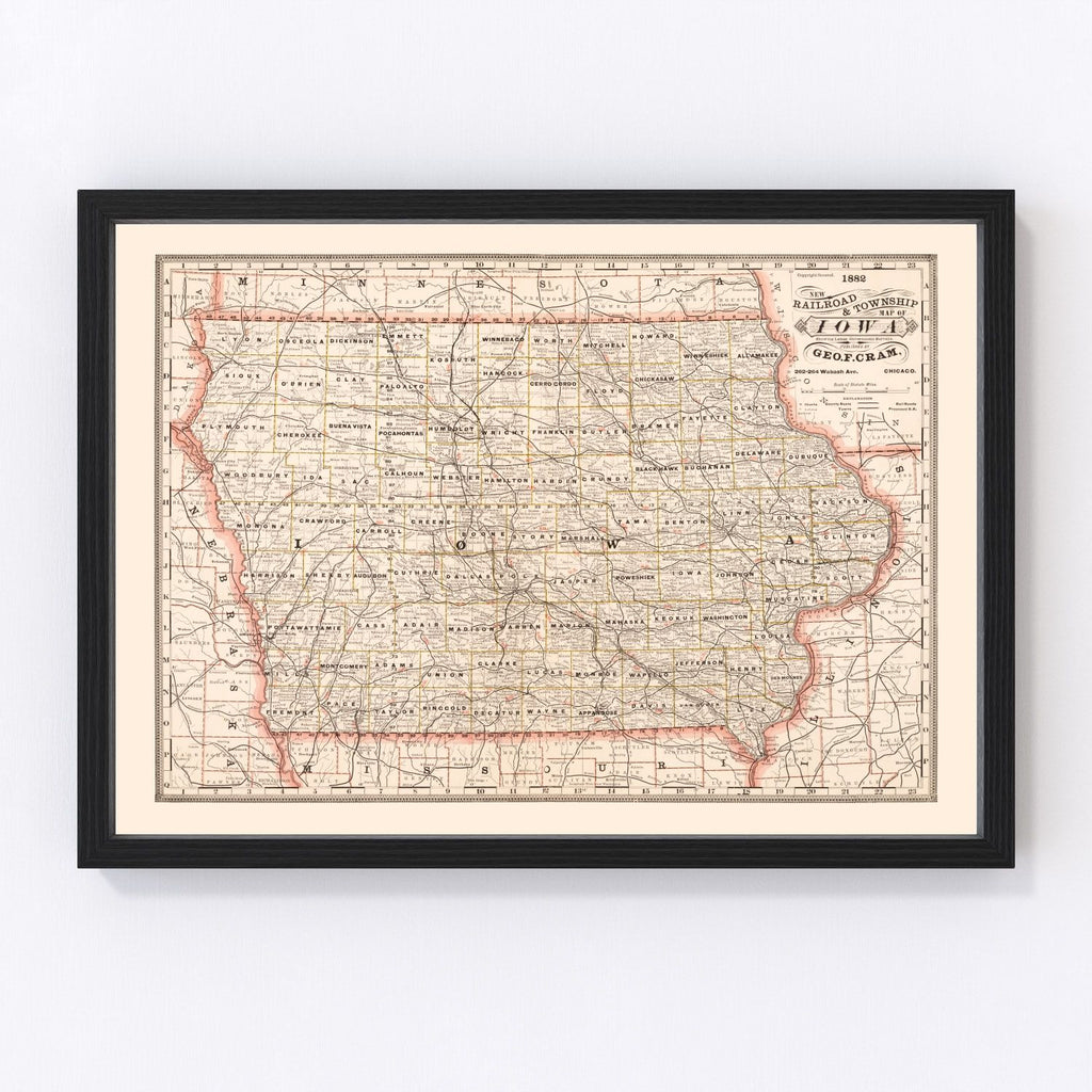 Vintage Railroad Map of Iowa 1882