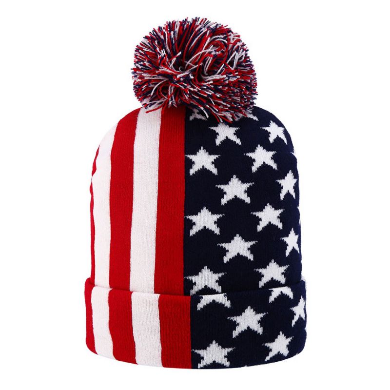 America USA Flag Pom Pom Winter Beanie Hat