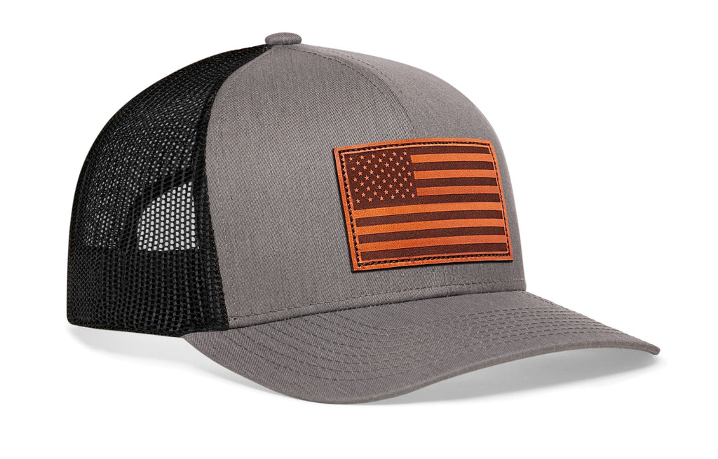 American Flag Trucker Hat Leather  |  Gray-Black USA Snapback