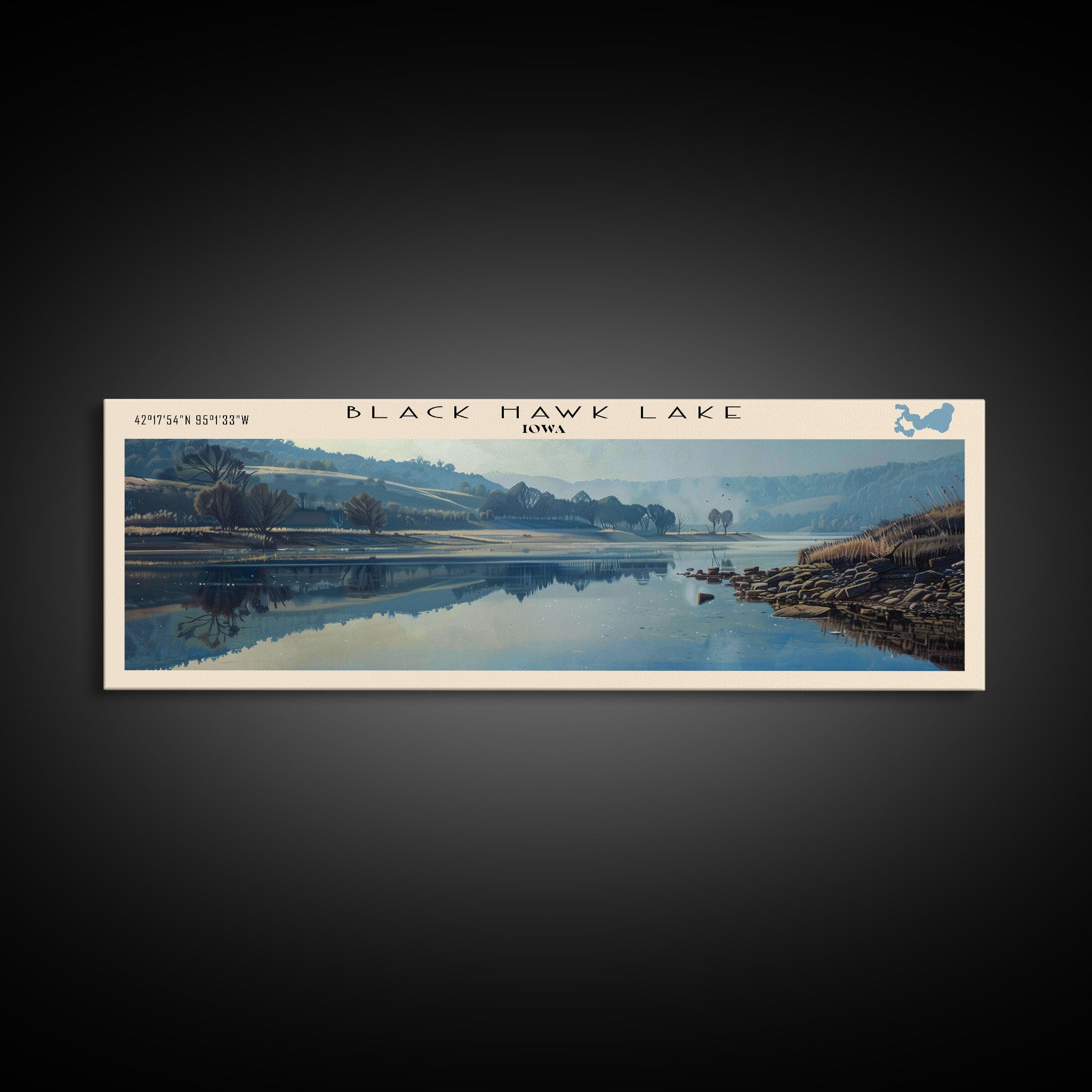 Black Hawk Lake Iowa Framed Canvas Print, Lake House Decor, Panoramic Scenic View, Travel Poster, Vintage Style, Lake Painting