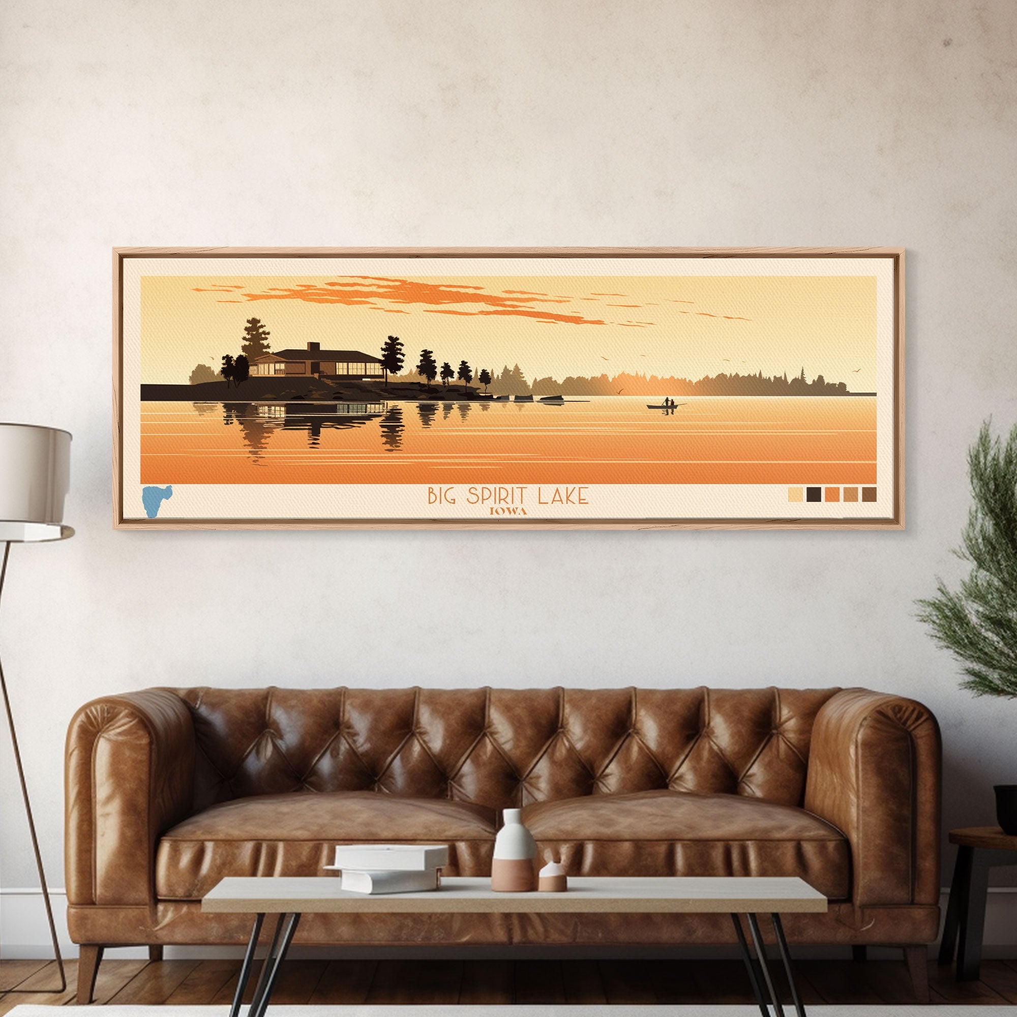 Big Spirit Lake Iowa Framed Canvas Print, Panoramic Wall Art, Midcentury Modern, Pop Art, Travel Poster, Scenic Lake House Art, Bedroom Decor