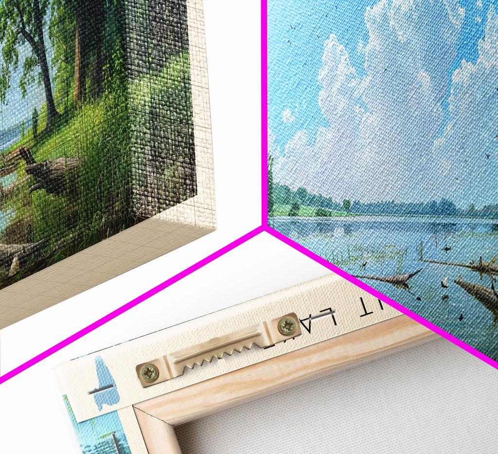 Big Spirit Lake Iowa Framed Canvas Print, Panoramic Lake House Decor, Scenic View, Travel Poster, Rustic Art, Lake Painting